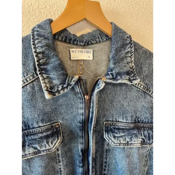 Free People We The Free Western Denim Zip Up Long Sleeve Straight Leg Jumpsuit M - Picture 6 of 15